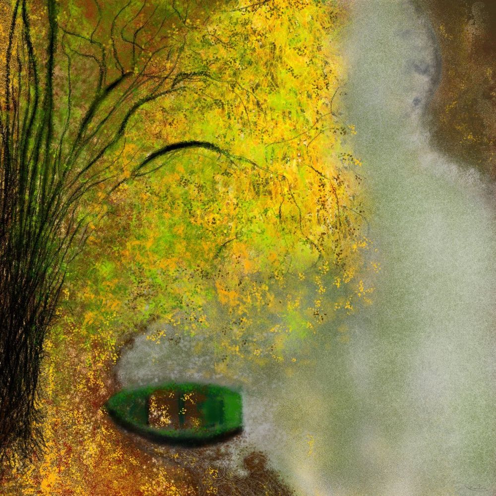 A painting of a green rowing boat under an autumn tree, in a frame on the wall